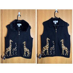VTG LISA INTERNATIONAL Black Giraffe Vest Boiled Wool SMALL Safari Chic Novelty